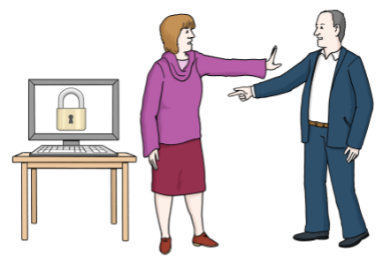  Grafik einer Person, welche einer anderen Person den Zugang eines Computers verwehrt 