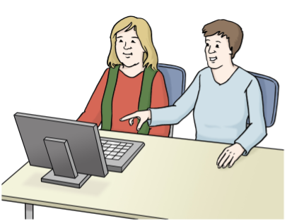  Grafik zwei Personen am Computer. Eine Person zeigt auf den Bildschirm 