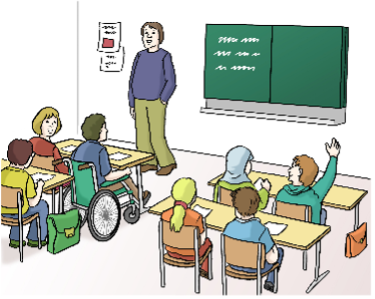  Grafik eines Klassenzimmers mit Schülern und einem Lehrer 
